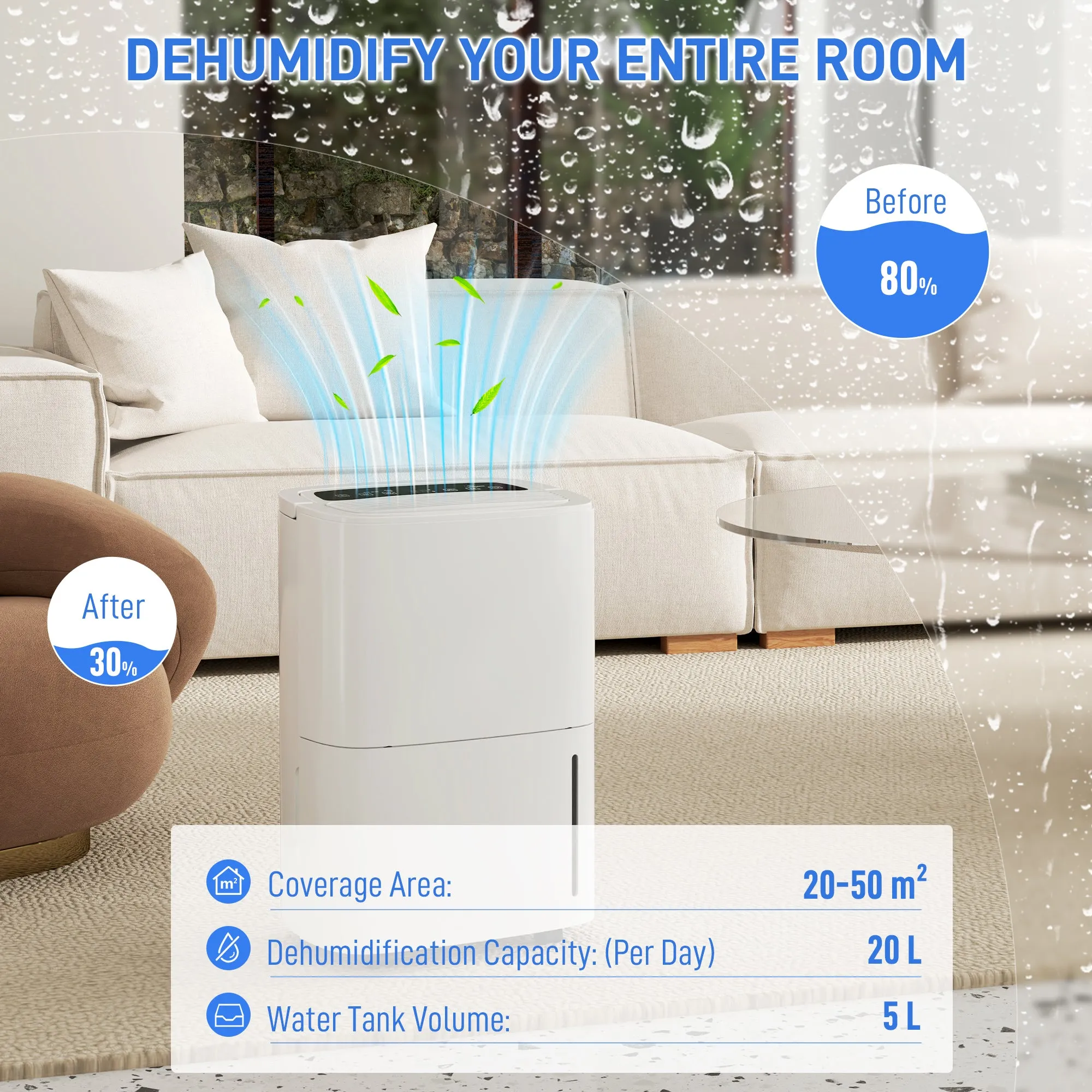 20L/Day Dehumidifier with Continuous Drainage, 5L Water Tank, Timer