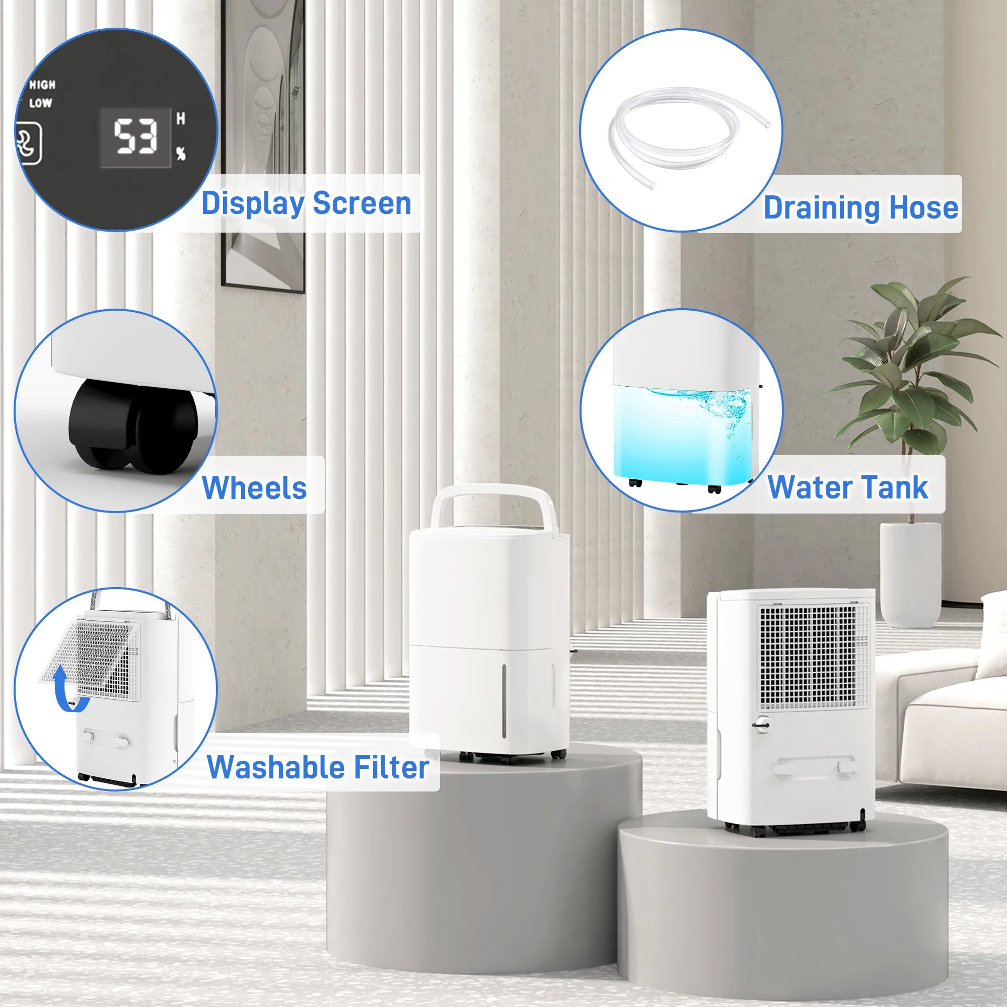 20L/Day Dehumidifier with Continuous Drainage, 5L Water Tank, Timer