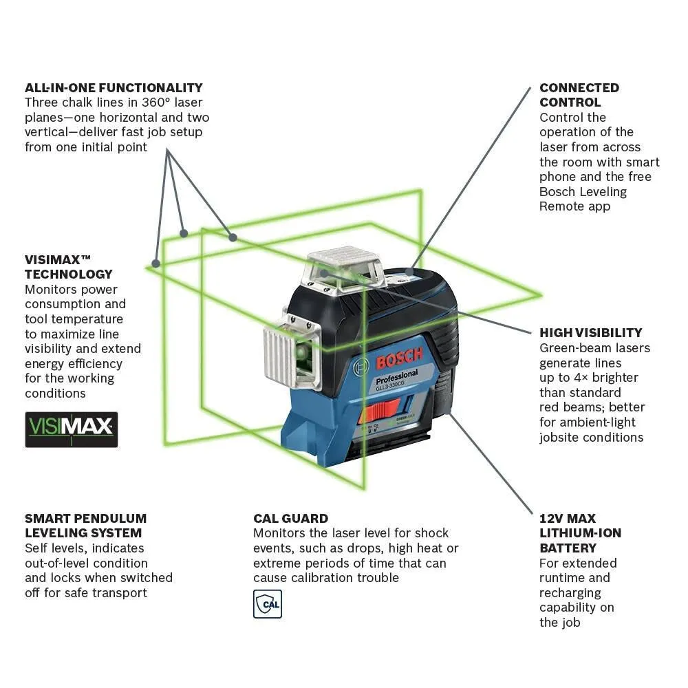 Bosch GLL3-330CG-B 360 Degrees 3 Plane Green Beam Self-Leveling Line Laser Kit