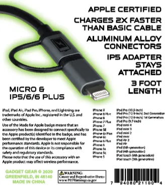 Charging Cable Elite Multi-Head USB to Micro USB / Lightning 3FT - 3 Pieces Per Pack 21100