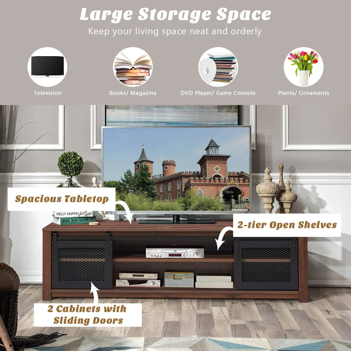 Farmhouse TV Stand, Living Room Console Storage Cabinet for TVs up to 65" Flat Screen