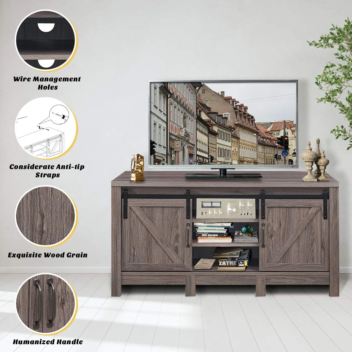 Farmhouse TV Stand with Sliding Barn Door, Wood Universal TV Console for TV's up to 55" Flat Screen for Living Room