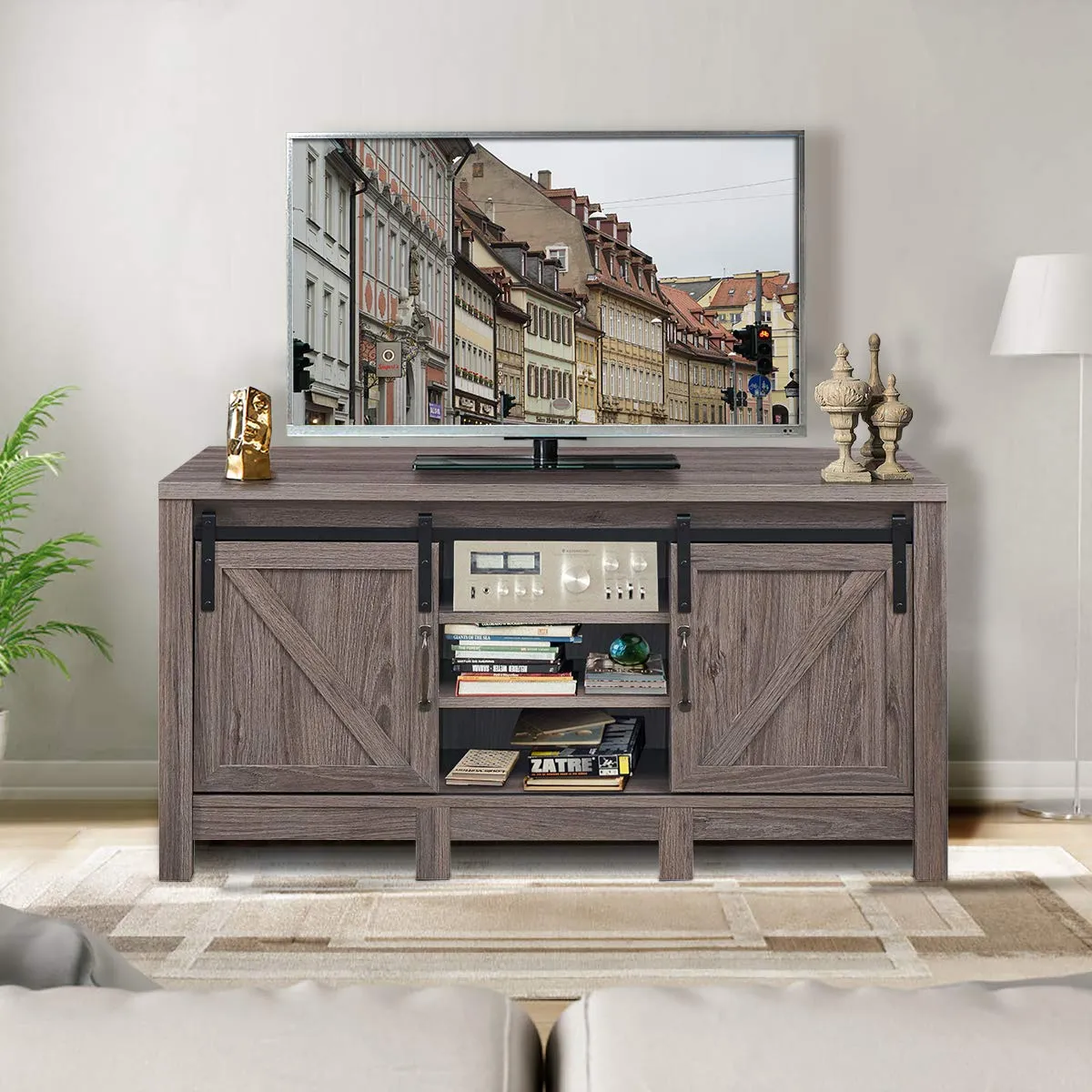 Farmhouse TV Stand with Sliding Barn Door, Wood Universal TV Console for TV's up to 55" Flat Screen for Living Room