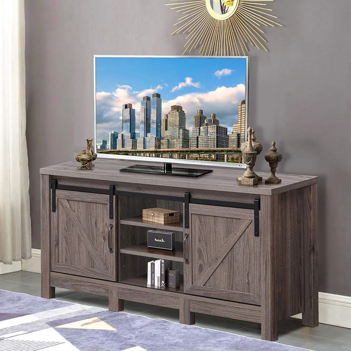 Farmhouse TV Stand with Sliding Barn Door, Wood Universal TV Console for TV's up to 55" Flat Screen for Living Room