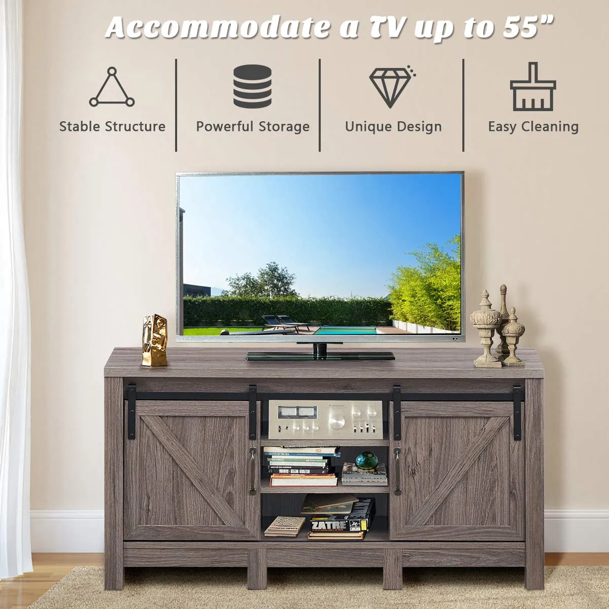 Farmhouse TV Stand with Sliding Barn Door, Wood Universal TV Console for TV's up to 55" Flat Screen for Living Room