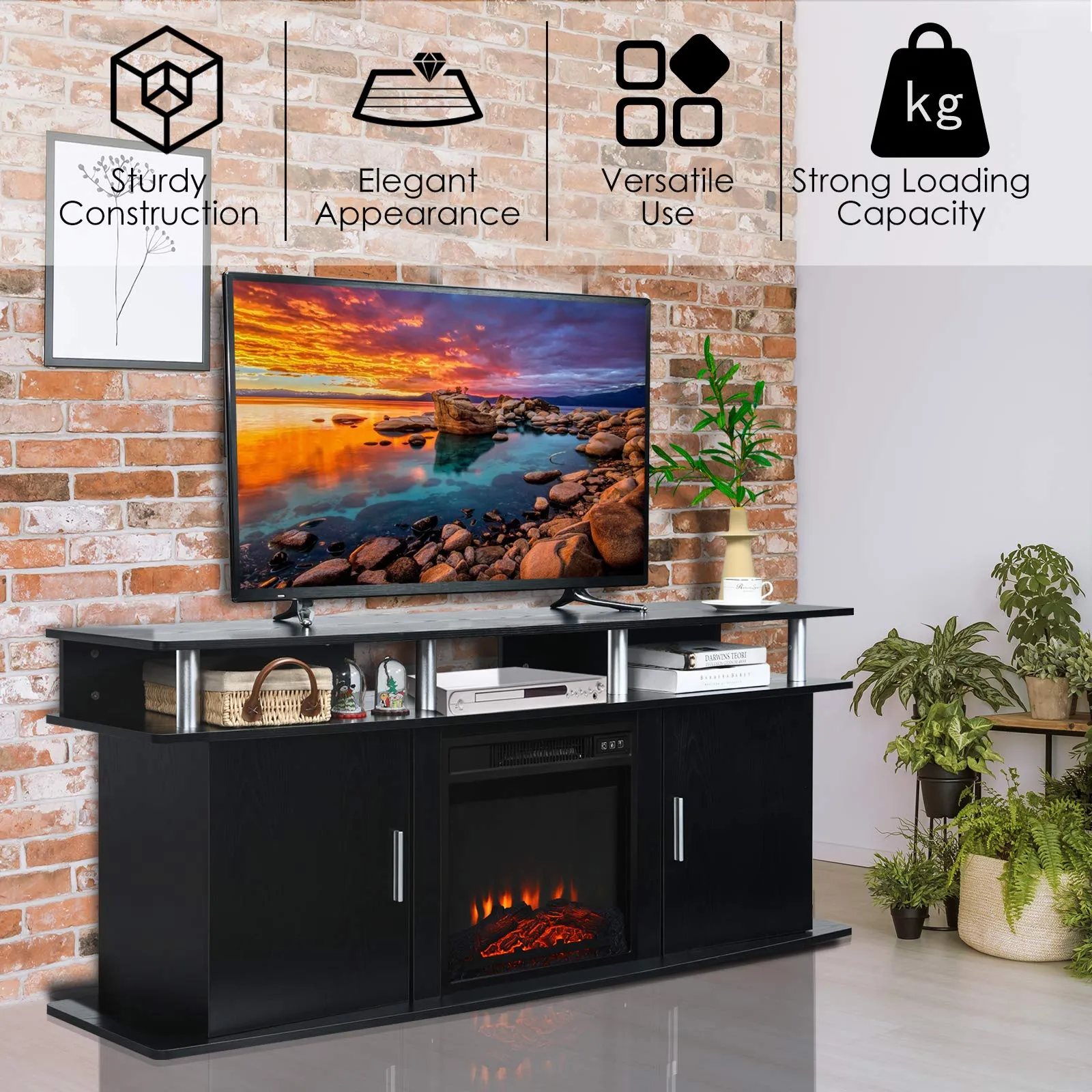 Fireplace TV Stand, Modern Media Console Table for TVs up to 70 Inches, Entertainment Center