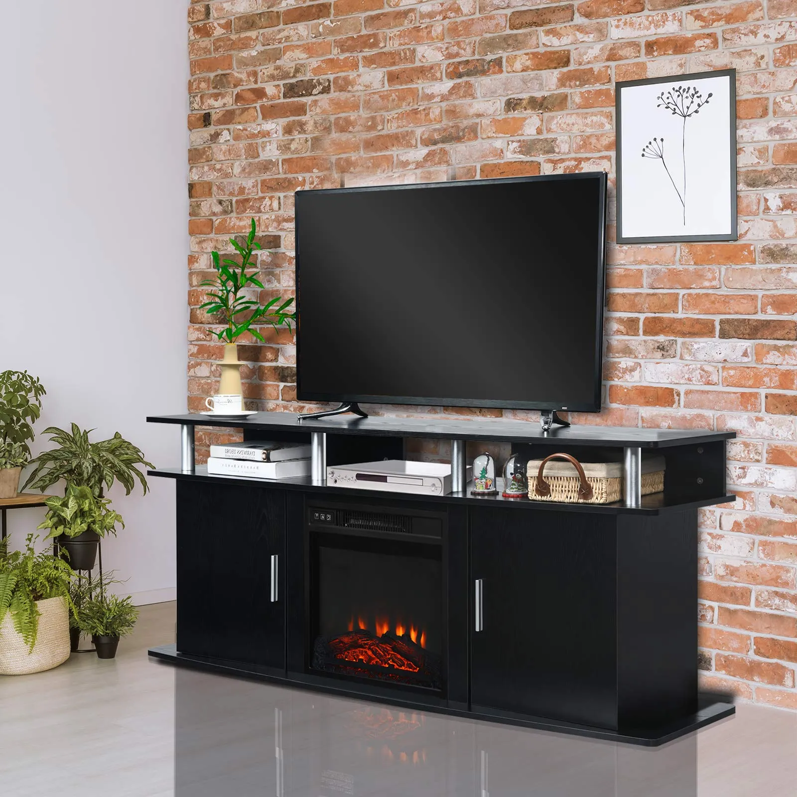 Fireplace TV Stand, Modern Media Console Table for TVs up to 70 Inches, Entertainment Center