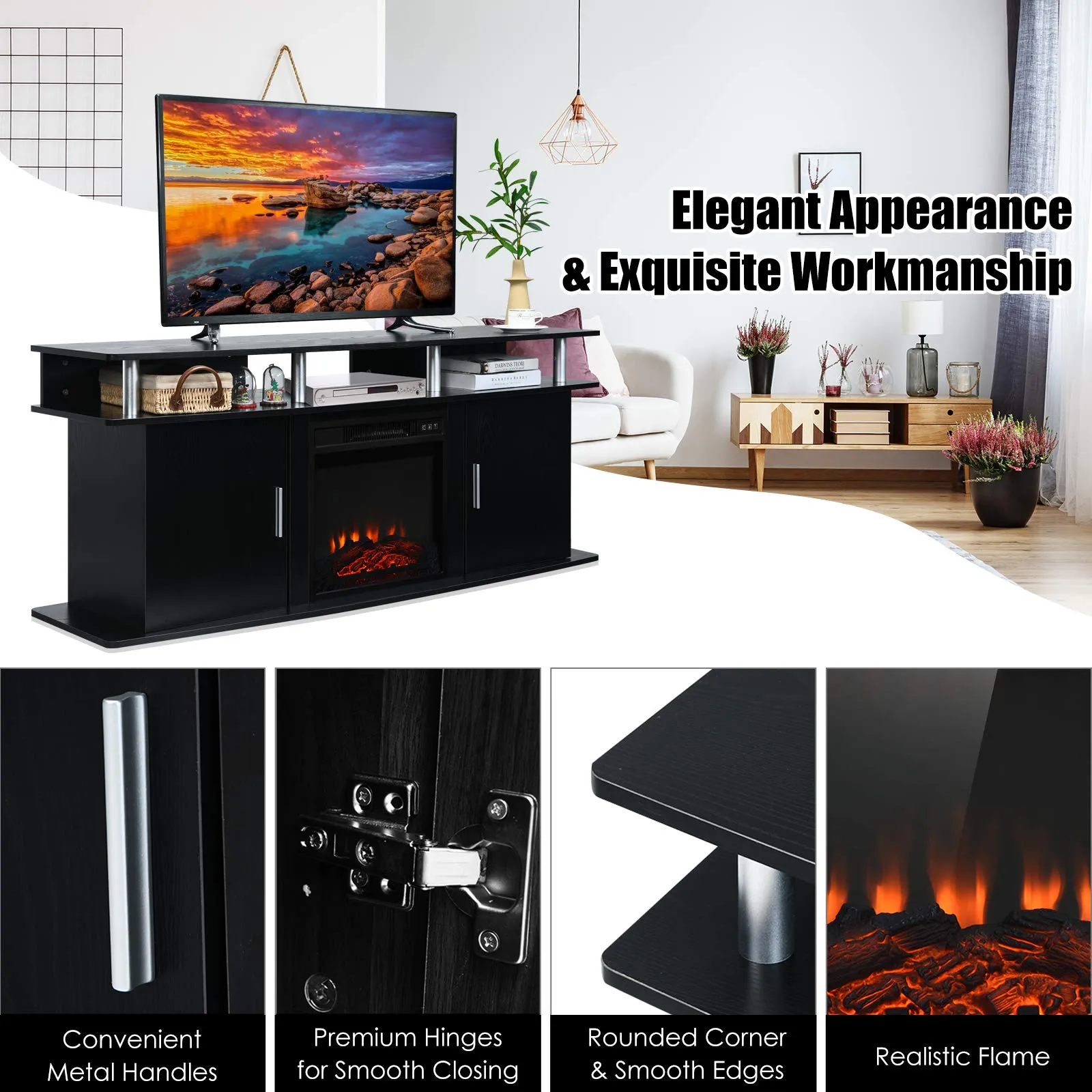 Fireplace TV Stand, Modern Media Console Table for TVs up to 70 Inches, Entertainment Center