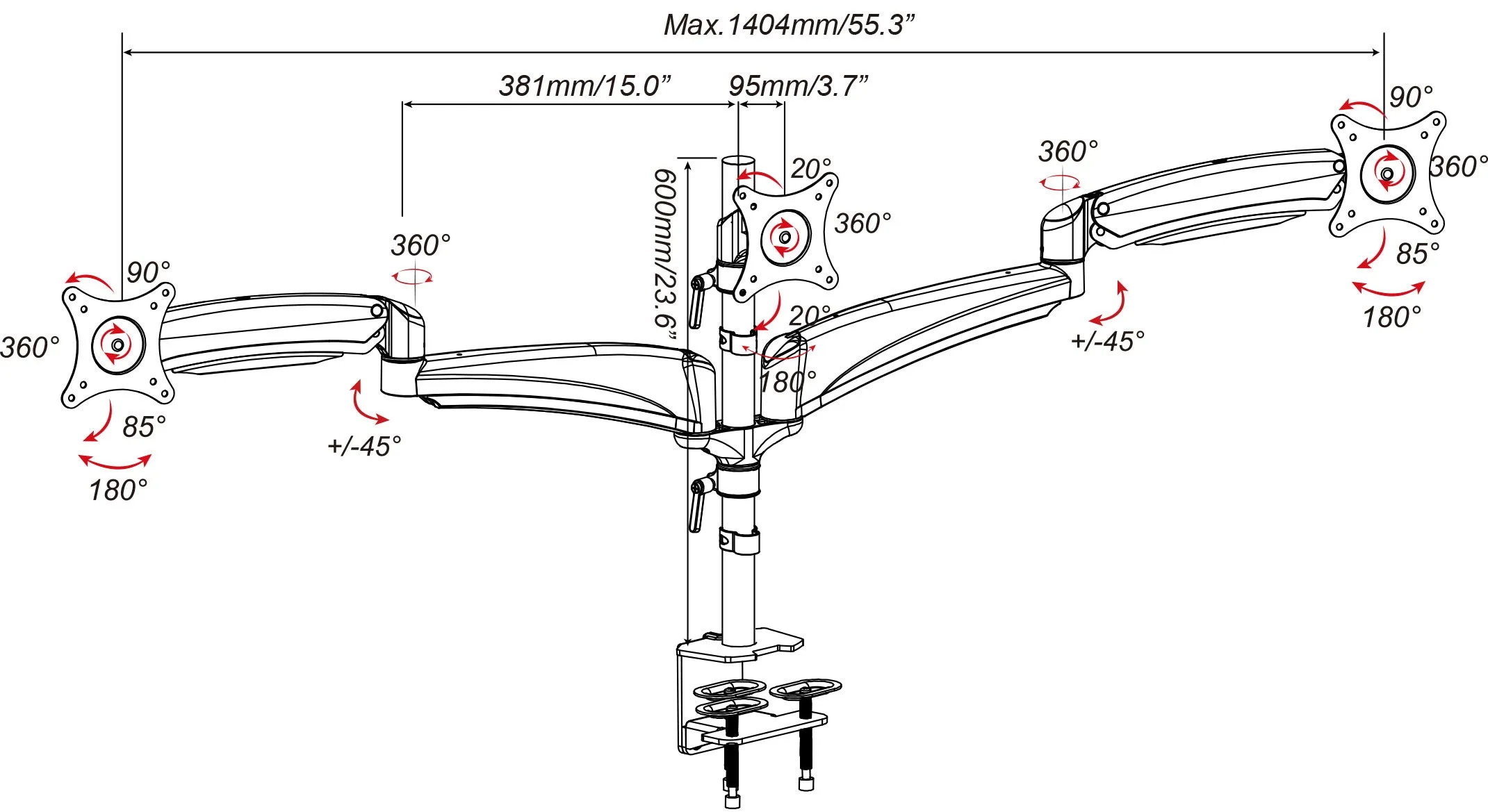 Gas Spring Triple Monitor Desk Mount Arm/Stand, Fully Adjustable Arms, Fits up to 27" Screens, Black (3MSG-V)