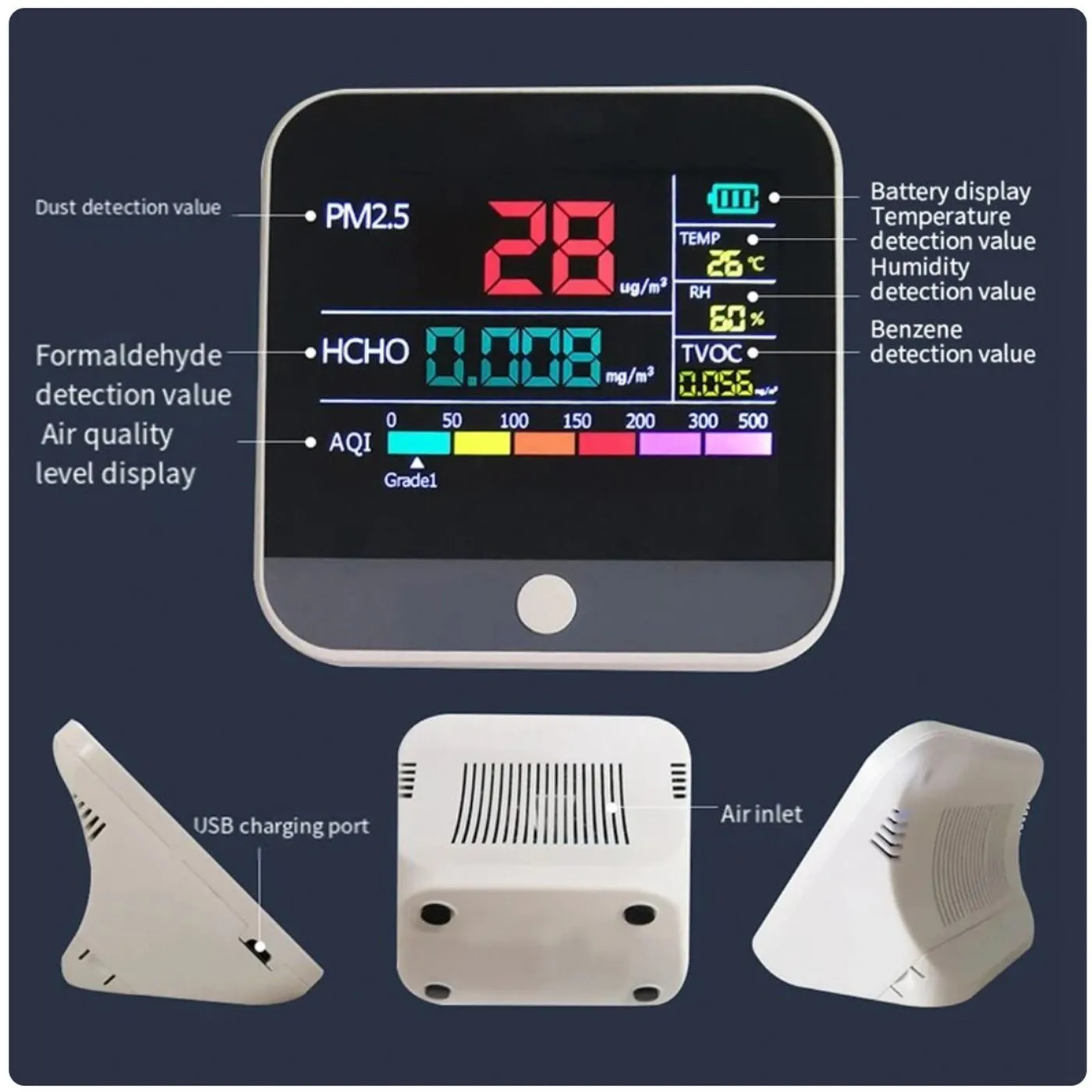 Indoor Air Quality Monitor with Air Quality Index, PM2.5, PM10, PM1.0, HCHO, TVOC