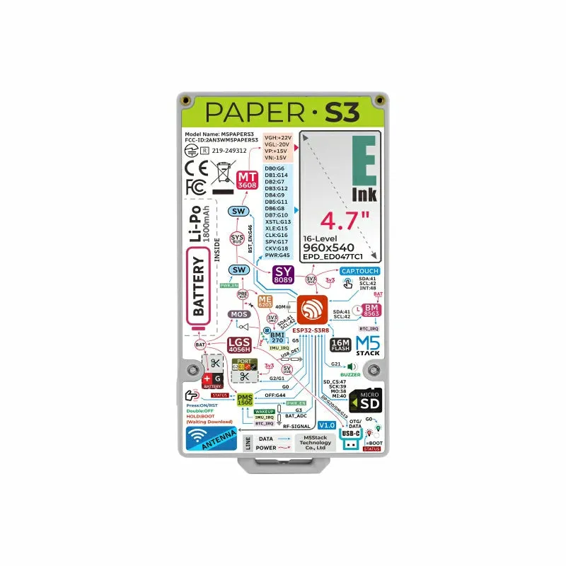 M5PaperS3 ESP32S3 Development Kit (960x540, 4.7" eInk Display, 235 ppi)