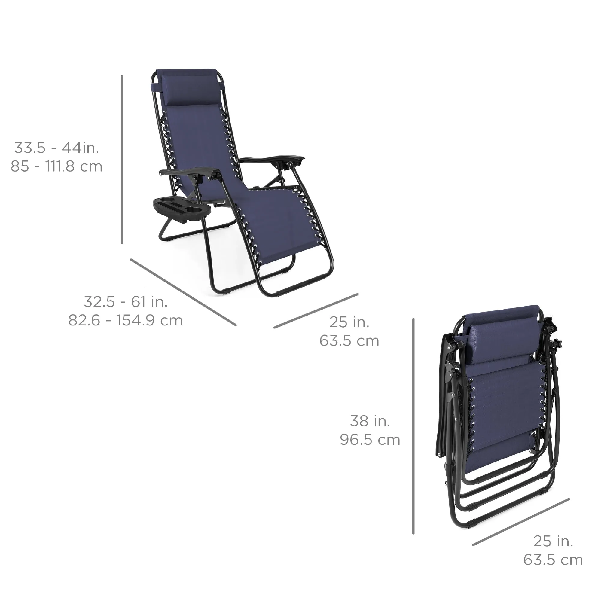 Set of 2 Zero Gravity Lounge Chair Recliners for Patio, Pool w/ Cup Holder Tray