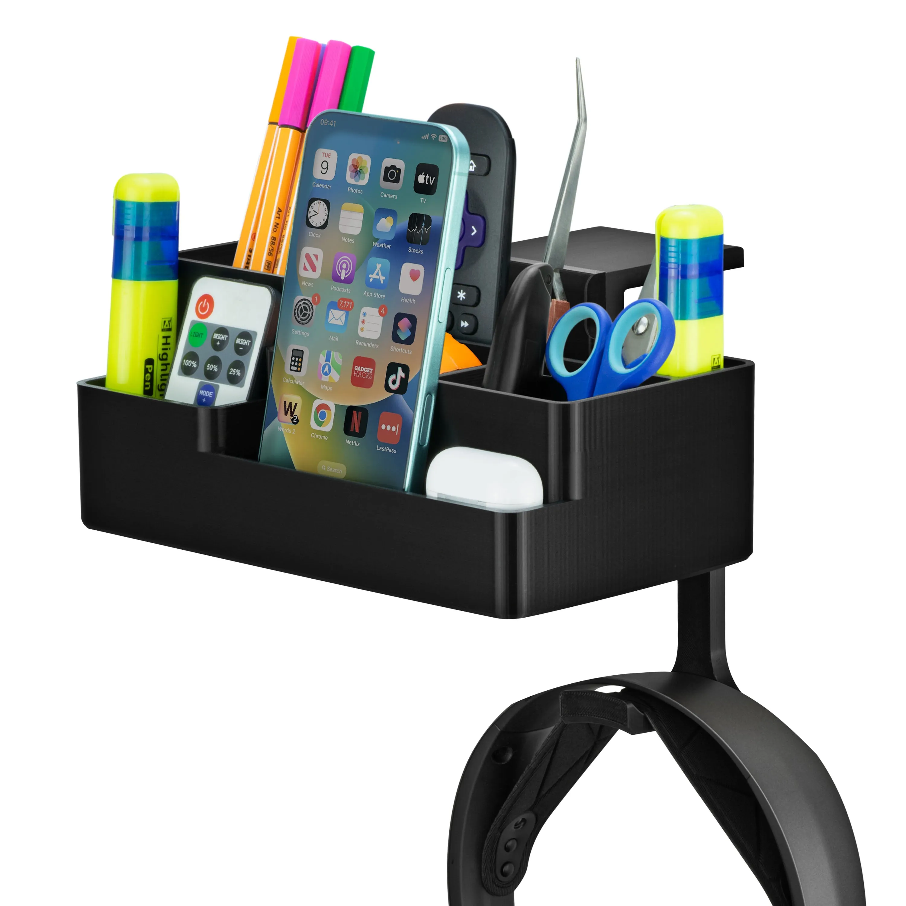 Stationary Pen Holder with Headphone Hanger, Hobby Craft Home Office Organizer for Side of Desk, Shelves - Easy To Install, Adjustable Clamp