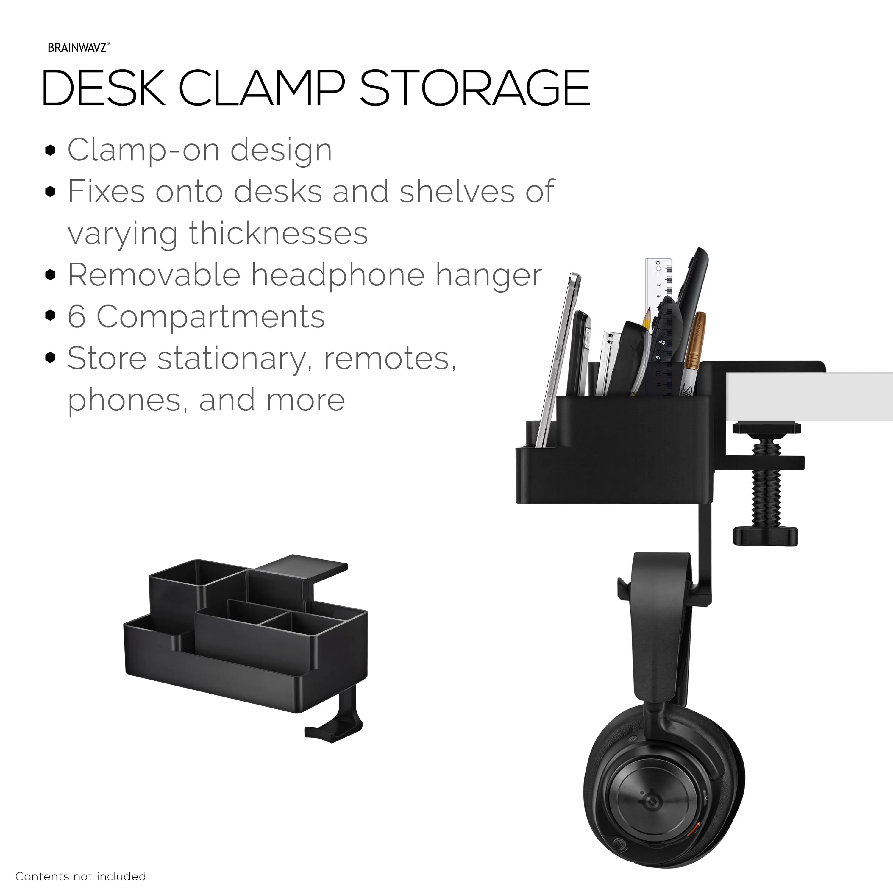 Stationary Pen Holder with Headphone Hanger, Hobby Craft Home Office Organizer for Side of Desk, Shelves - Easy To Install, Adjustable Clamp