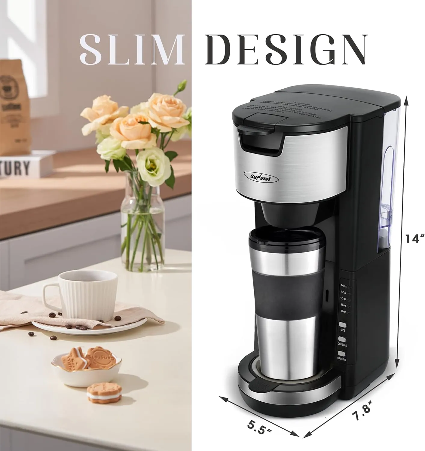 Sunvivi Single Serve Coffee Maker For Single Cup Pods & Ground Coffee with 30 Oz Detachable Reservoir, 3 levels One Cup Adjustable Drip Tray Suitable for 7" Travel Tumbler