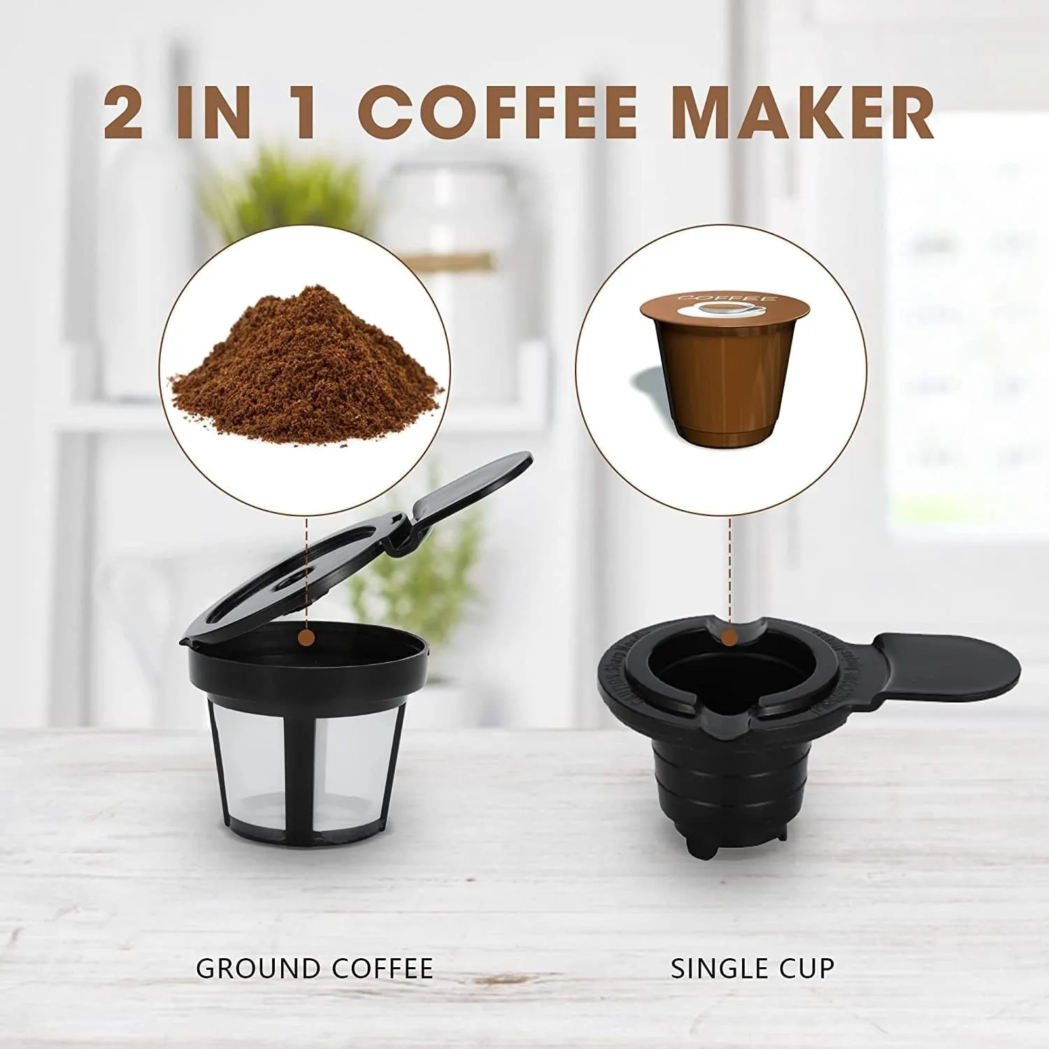 Sunvivi Single Serve Coffee Maker For Single Cup Pods & Ground Coffee with 30 Oz Detachable Reservoir, 3 levels One Cup Adjustable Drip Tray Suitable for 7" Travel Tumbler