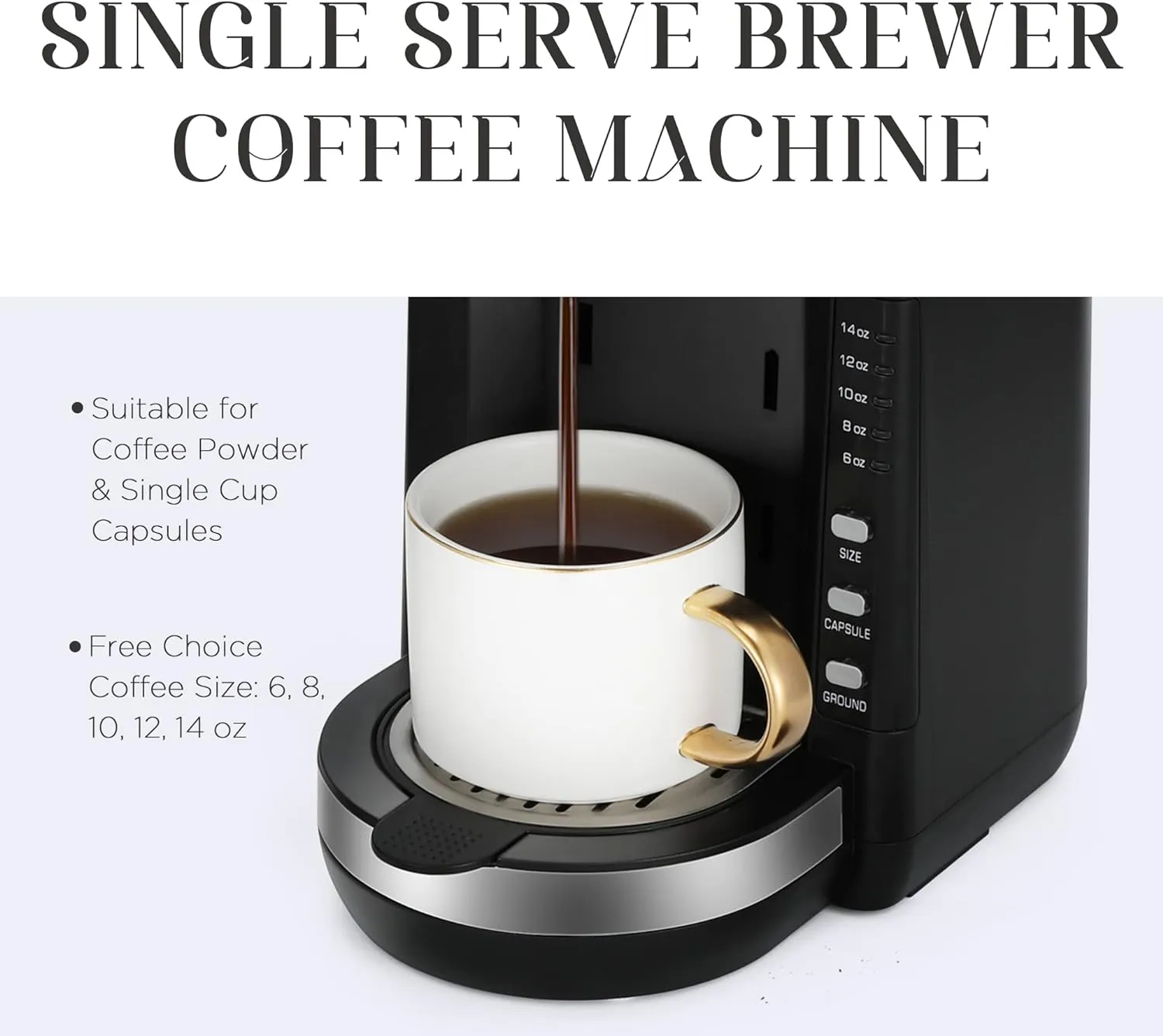 Sunvivi Single Serve Coffee Maker For Single Cup Pods & Ground Coffee with 30 Oz Detachable Reservoir, 3 levels One Cup Adjustable Drip Tray Suitable for 7" Travel Tumbler