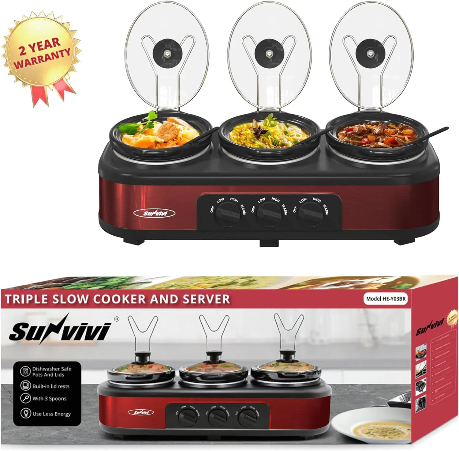 Sunvivi Triple Slow Cooker Buffet Server 3 Pot Food Warmer, 3-Section 1.5-Quart Oval Slow Cooker Adjustable Temp Lid Rests Stainless Steel, Total 4.5 QT