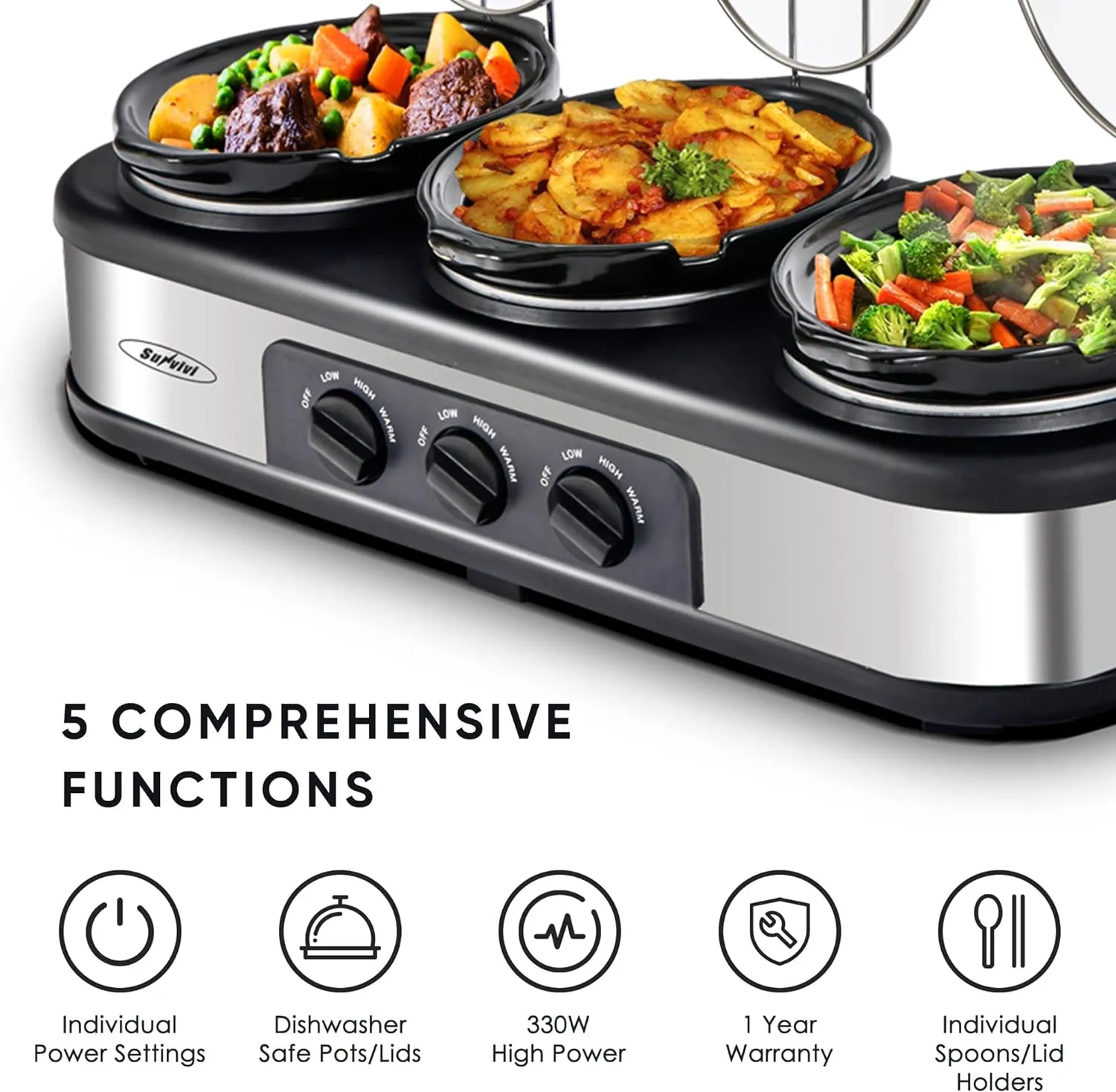 Sunvivi Triple Slow Cooker Buffet Server 3 Pot Food Warmer, 3-Section 1.5-Quart Oval Slow Cooker Adjustable Temp Lid Rests Stainless Steel, Total 4.5 QT