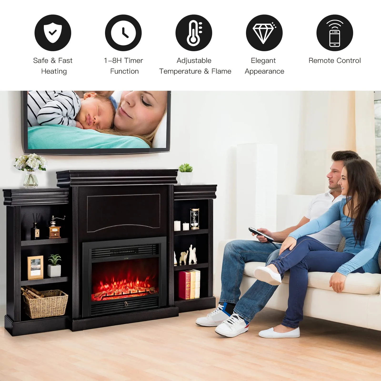 Tangkula 70 Inches Mantel Fireplace, 28.5-Inch Electric Fireplace w/ Remote, 1-8H Timer, Adjustable Flame Brightness & Color