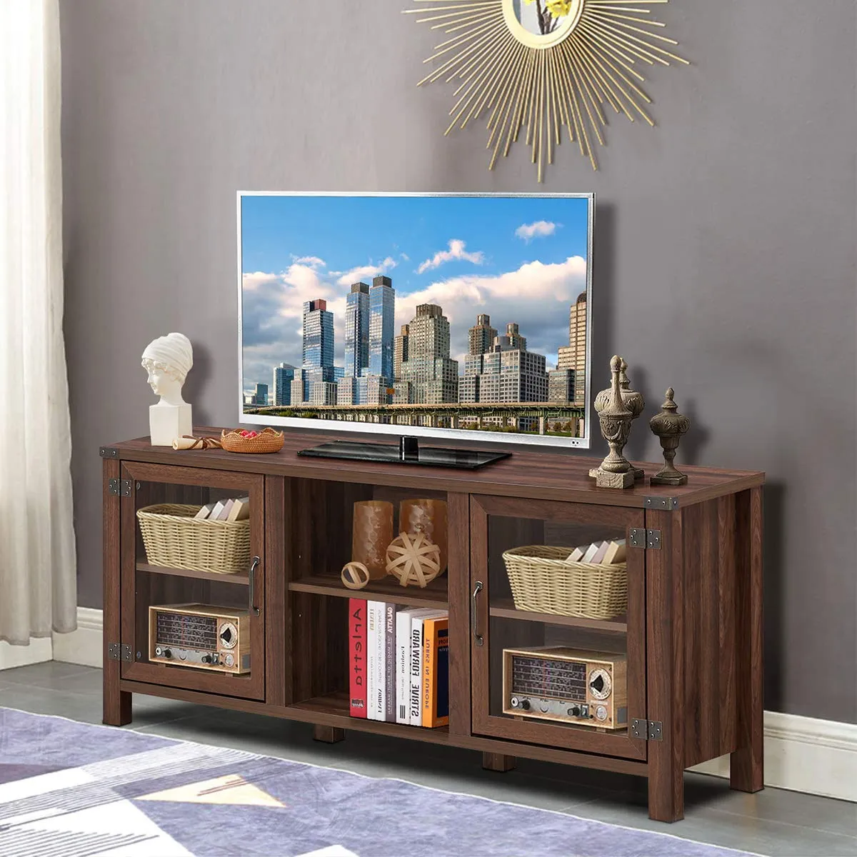 Tangkula Farmhouse TV Stand, Living Room Console Storage Cabinet for TVs up to 65" Flat Screen