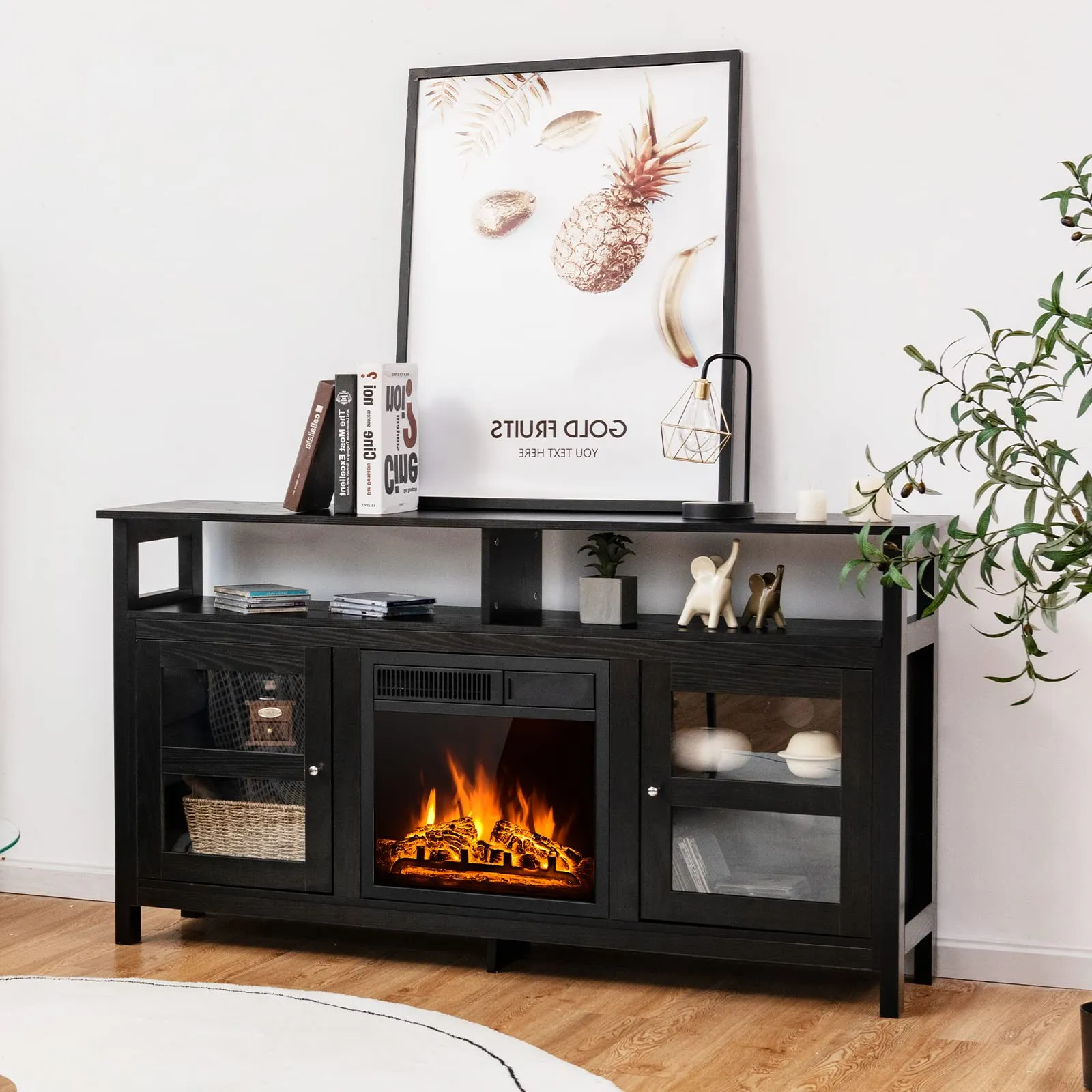 Tangkula Fireplace TV Stand, Farmhouse Media Console Table w/18 1500W Electric Fireplace for Flat Screen TVs up to 65"