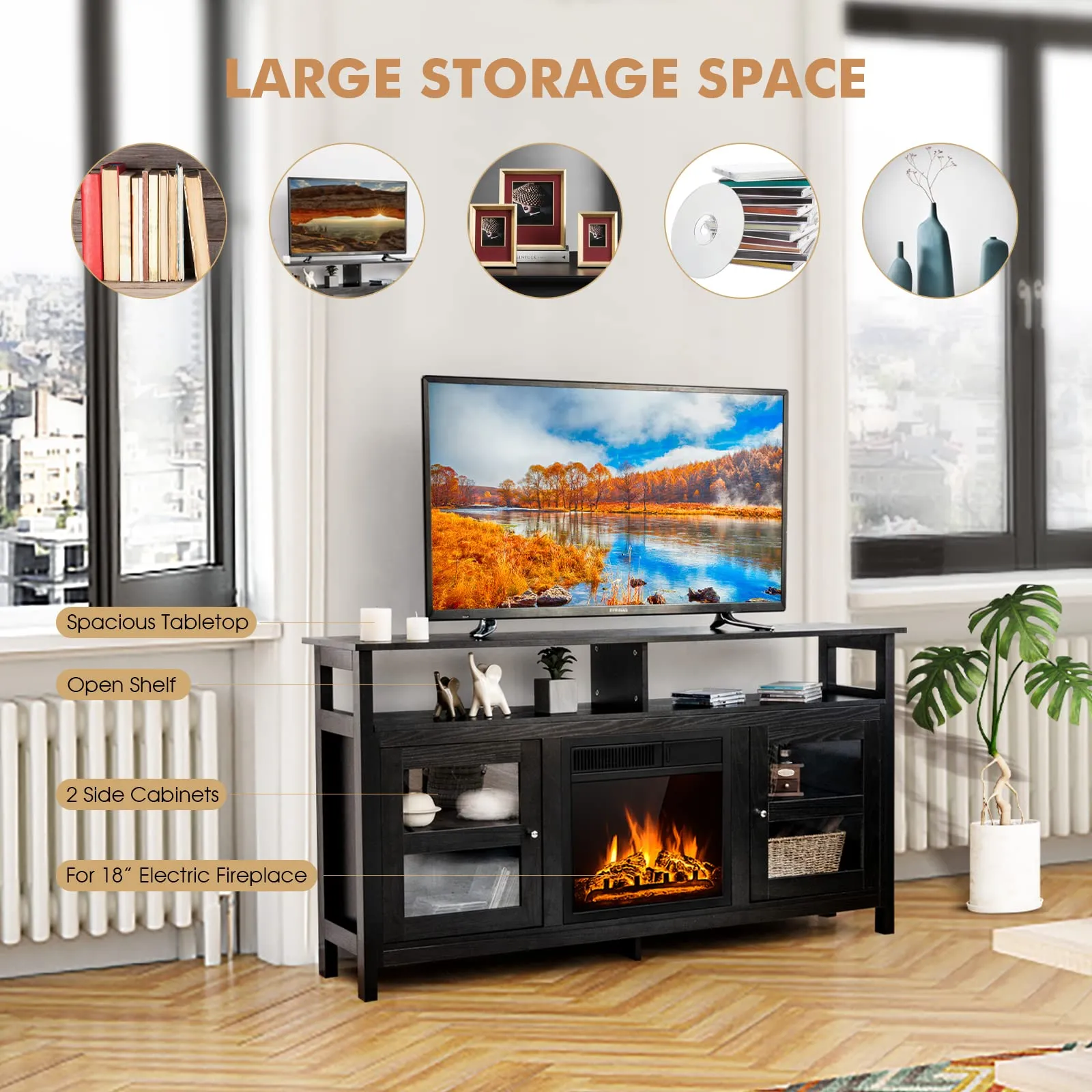 Tangkula Fireplace TV Stand, Farmhouse Media Console Table w/18 1500W Electric Fireplace for Flat Screen TVs up to 65"