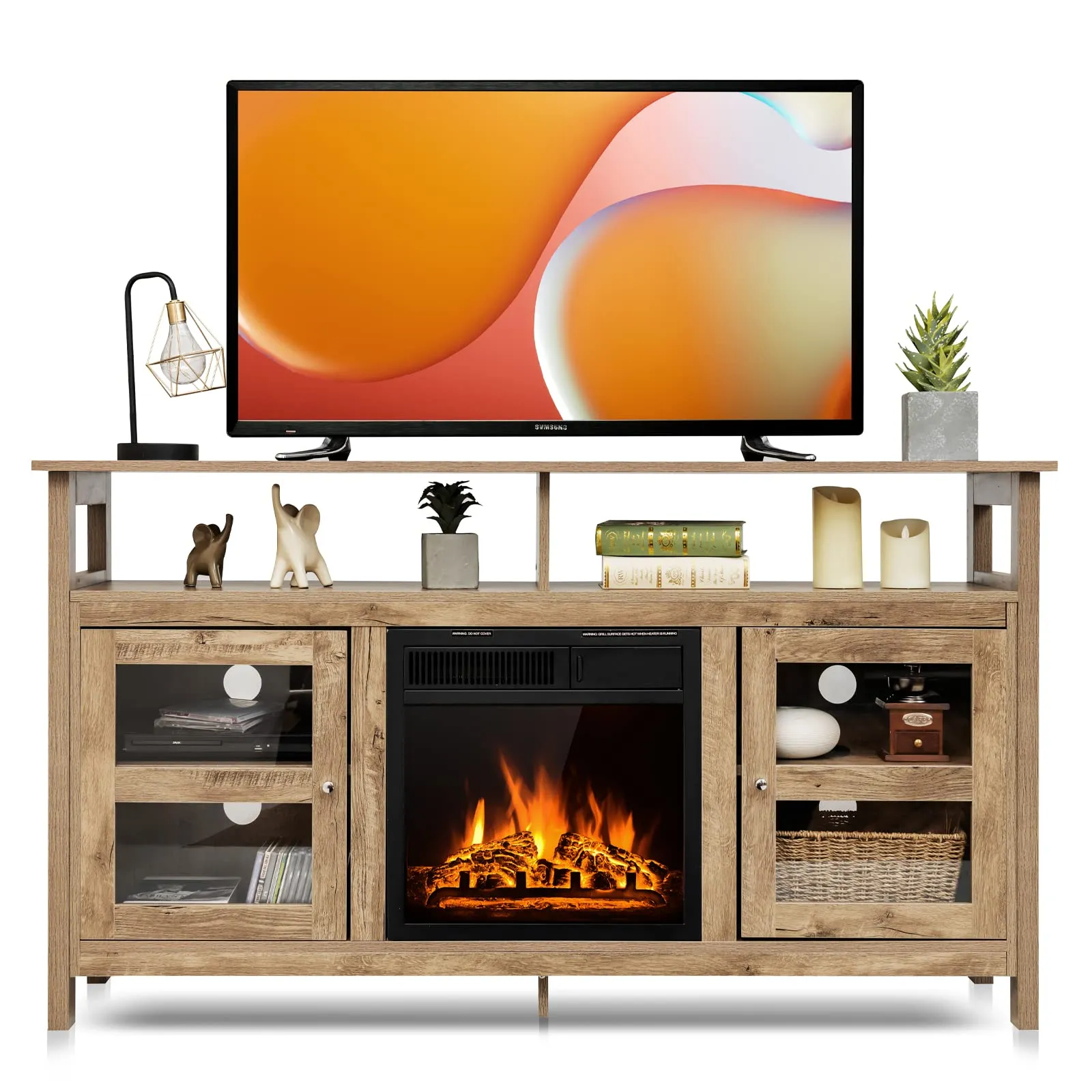 Tangkula Fireplace TV Stand, Farmhouse Media Console Table w/18 1500W Electric Fireplace for Flat Screen TVs up to 65"