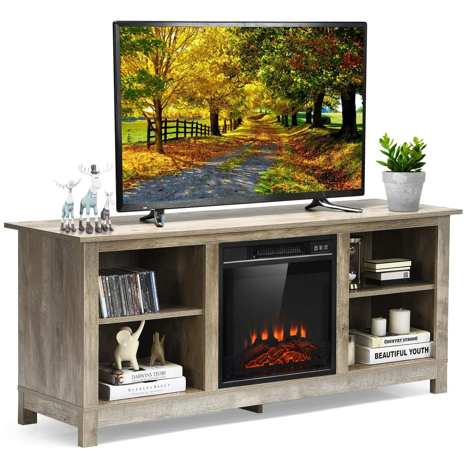 Tangkula Fireplace TV Stand for TVs up to 65 Inches, with 18 Inches 1400W 5,000 BTU Electric Fireplace Insert