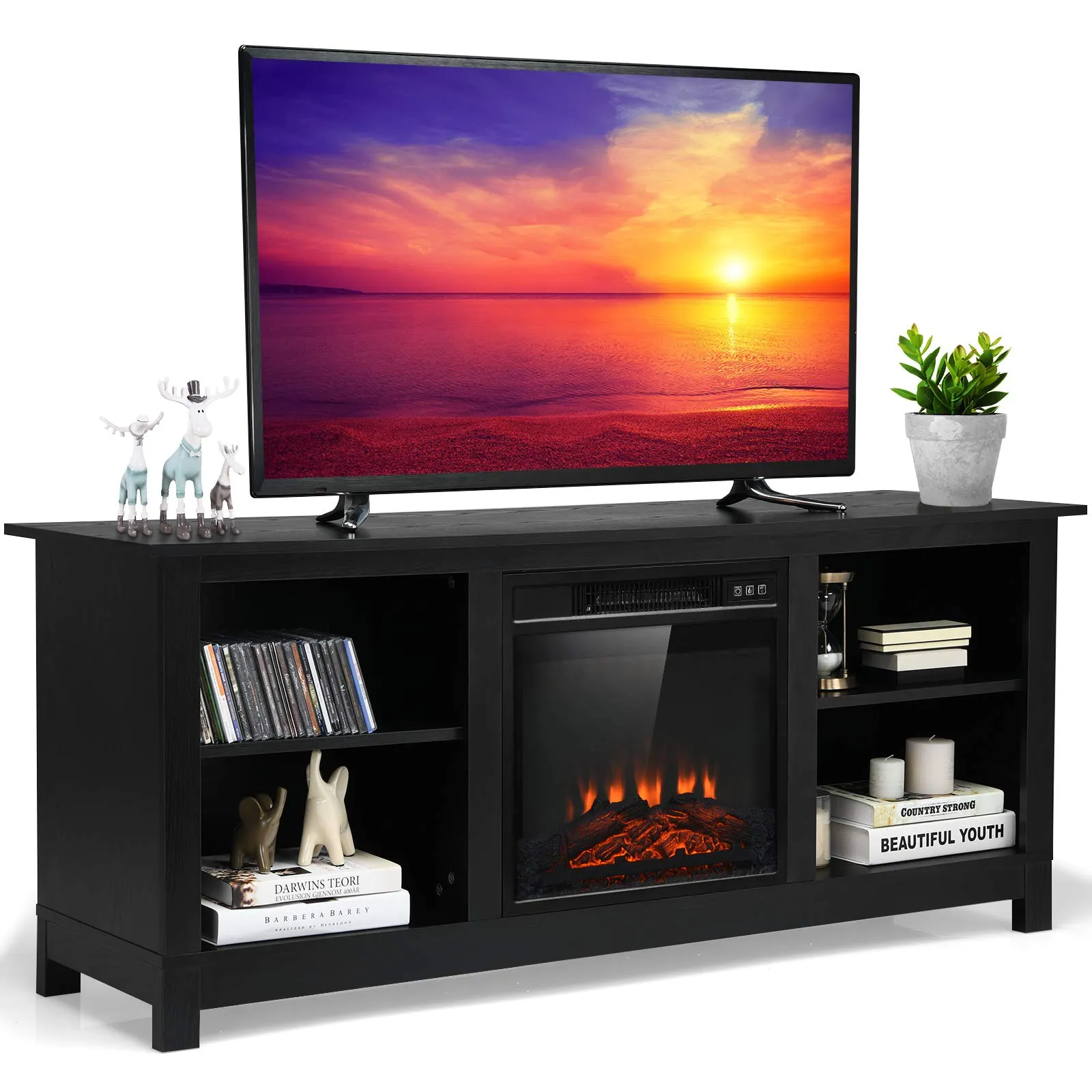 Tangkula Fireplace TV Stand for TVs up to 65 Inches, with 18 Inches 1400W 5,000 BTU Electric Fireplace Insert