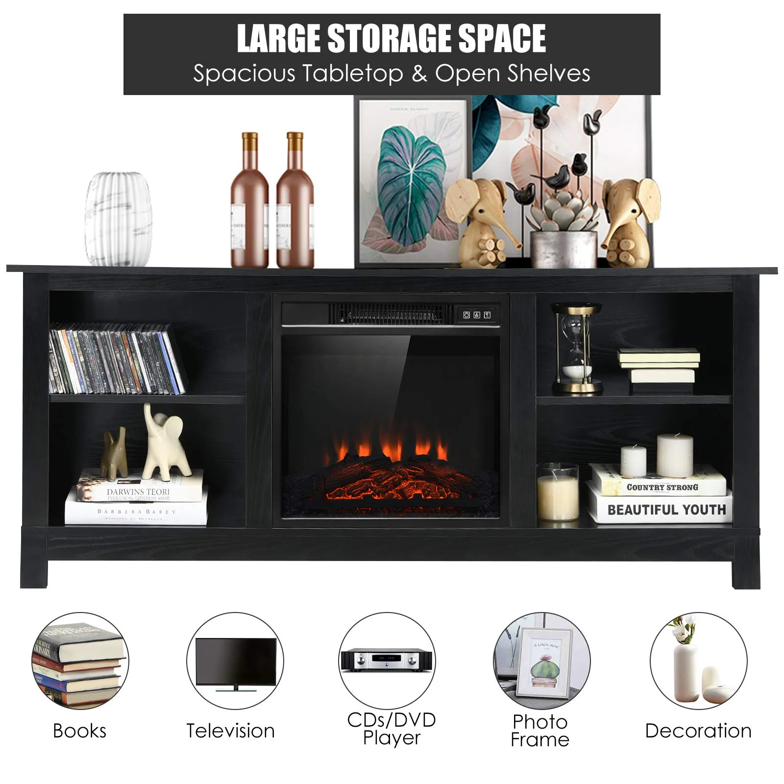 Tangkula Fireplace TV Stand for TVs up to 65 Inches, with 18 Inches 1400W 5,000 BTU Electric Fireplace Insert