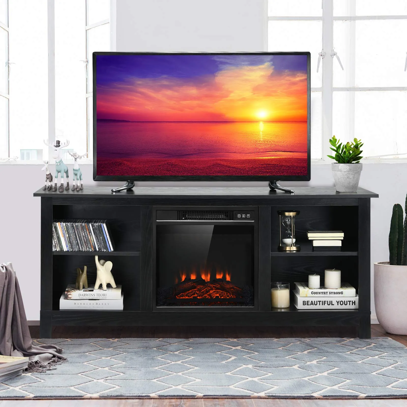 Tangkula Fireplace TV Stand for TVs up to 65 Inches, with 18 Inches 1400W 5,000 BTU Electric Fireplace Insert