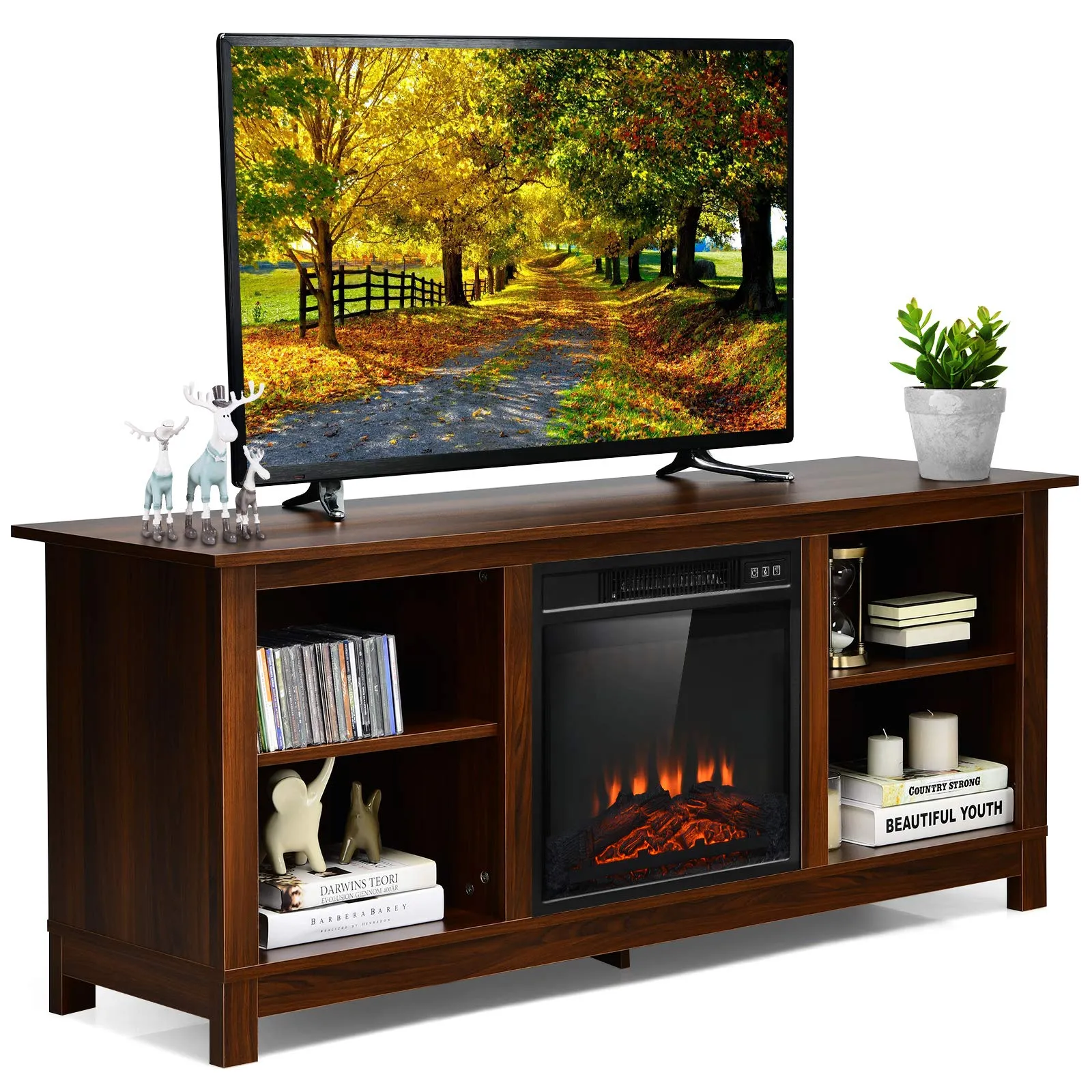 Tangkula Fireplace TV Stand for TVs up to 65 Inches, with 18 Inches 1400W 5,000 BTU Electric Fireplace Insert