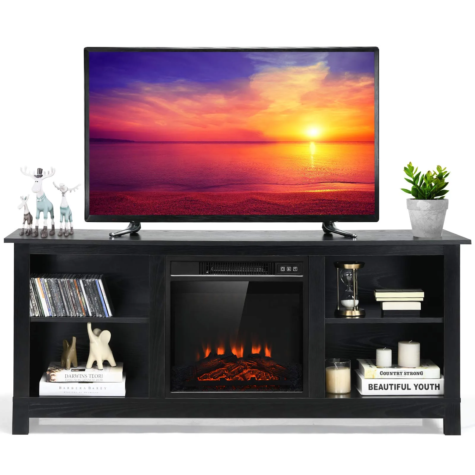 Tangkula Fireplace TV Stand for TVs up to 65 Inches, with 18 Inches 1400W 5,000 BTU Electric Fireplace Insert