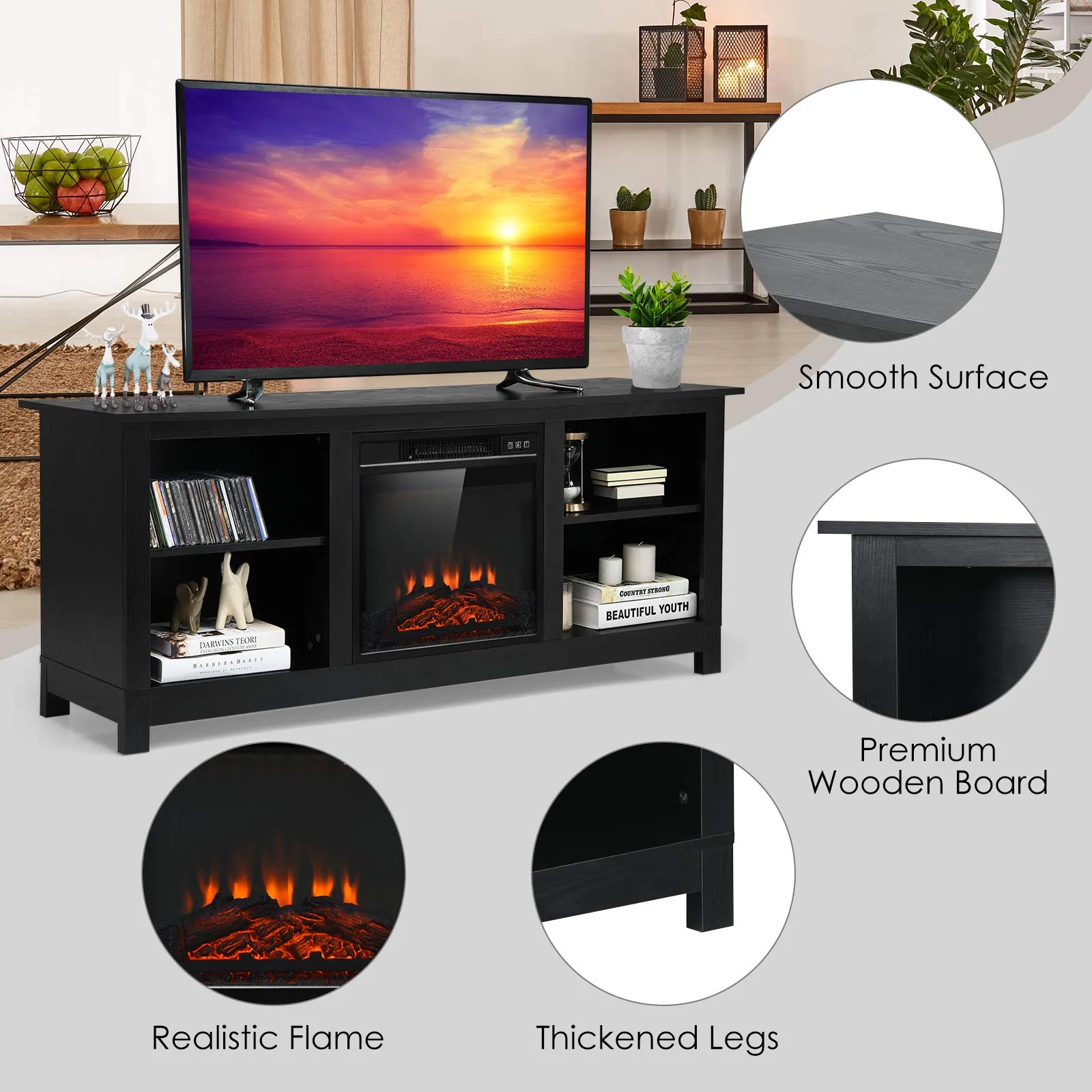 Tangkula Fireplace TV Stand for TVs up to 65 Inches, with 18 Inches 1400W 5,000 BTU Electric Fireplace Insert