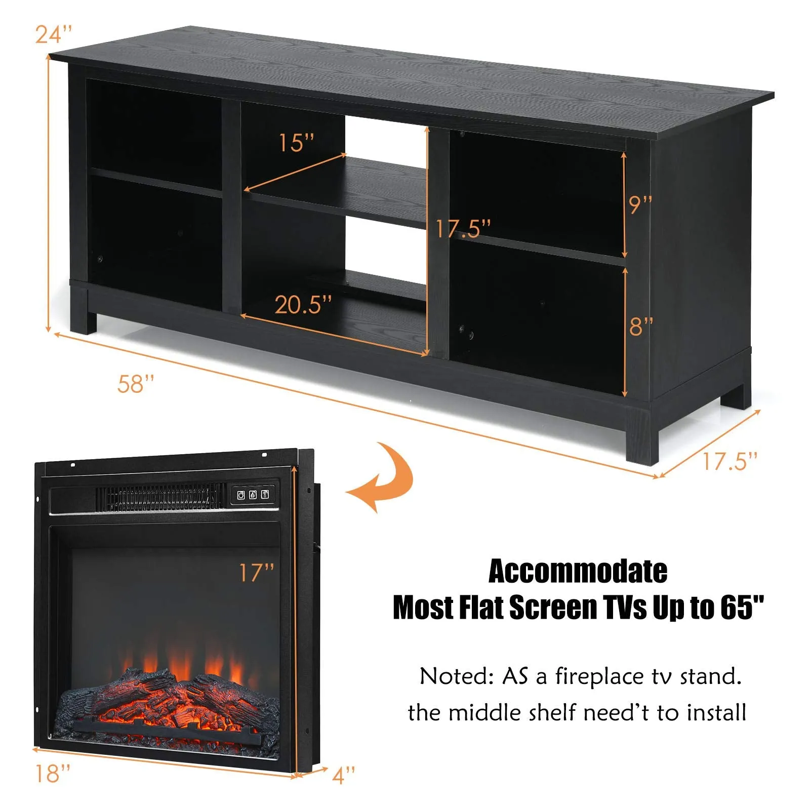 Tangkula Fireplace TV Stand for TVs up to 65 Inches, with 18 Inches 1400W 5,000 BTU Electric Fireplace Insert