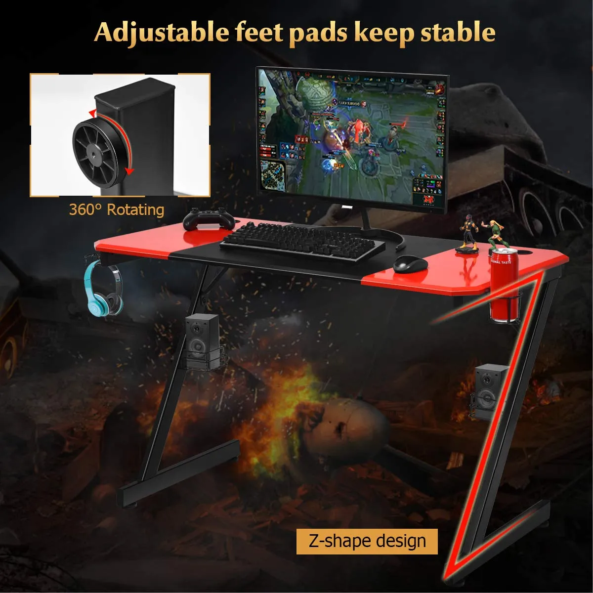 Tangkula Gaming Desk, Z-Shaped Computer Desk Professional Gamer Workstation with PVC Blow Molding Textured Surface