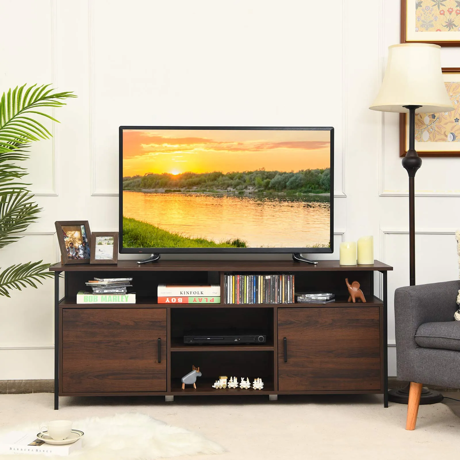 Tangkula Wood Universal TV Stand for TVs up to 65 Inches Flat Screen(Walnut)