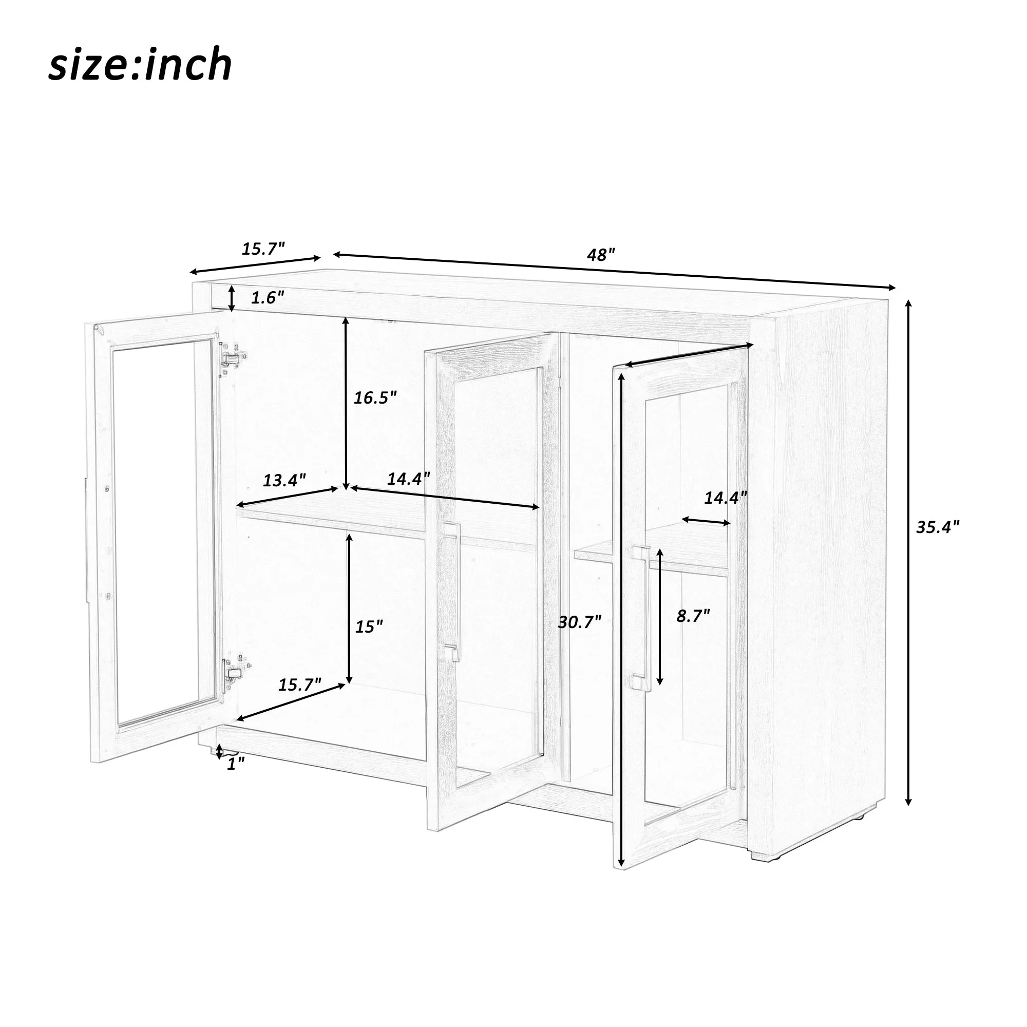 U-Style Wood Storage Cabinet with Three Tempered Glass Doors and Adjustable Shelf,Suitable for Living Room, Study and Entrance