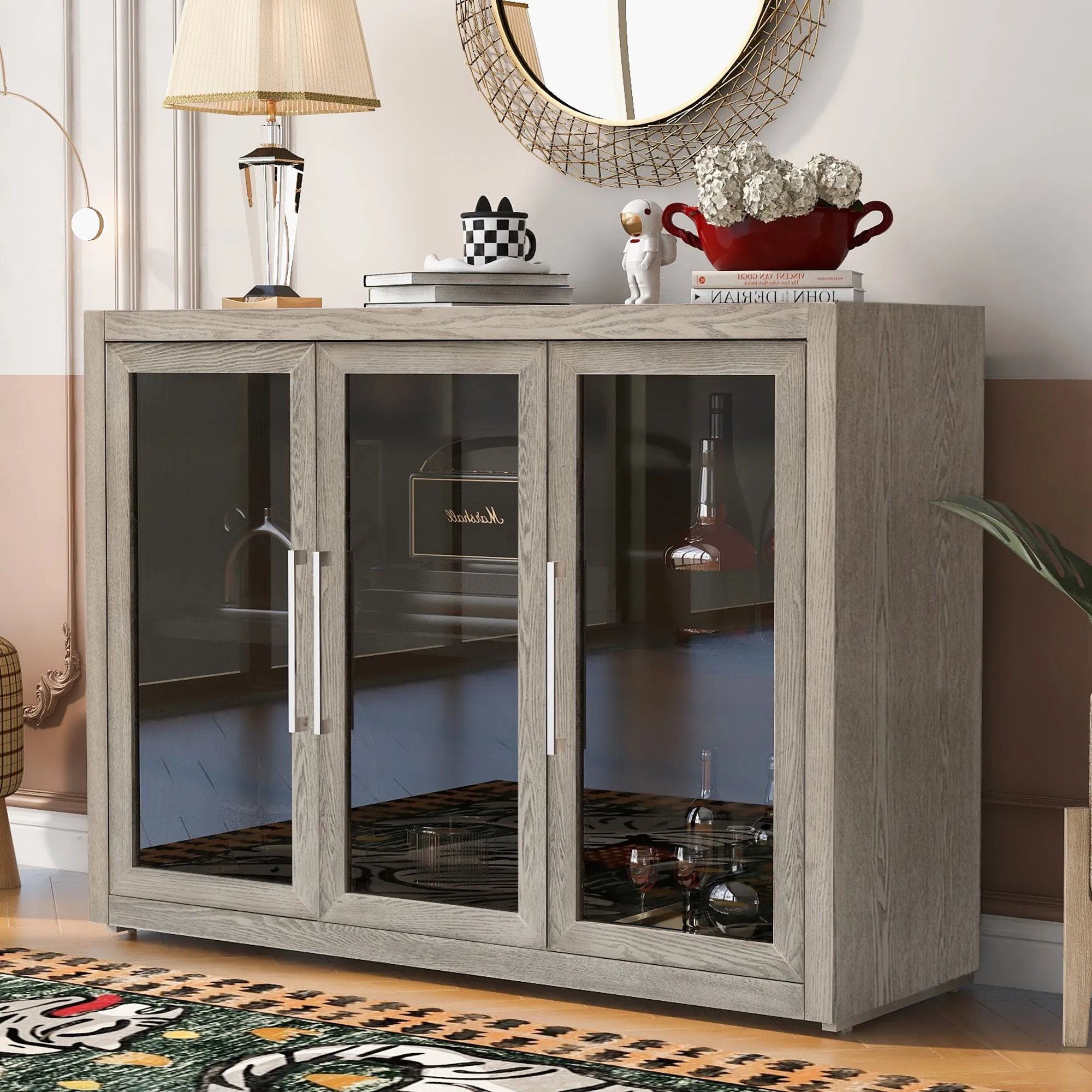 U-Style Wood Storage Cabinet with Three Tempered Glass Doors and Adjustable Shelf,Suitable for Living Room, Study and Entrance