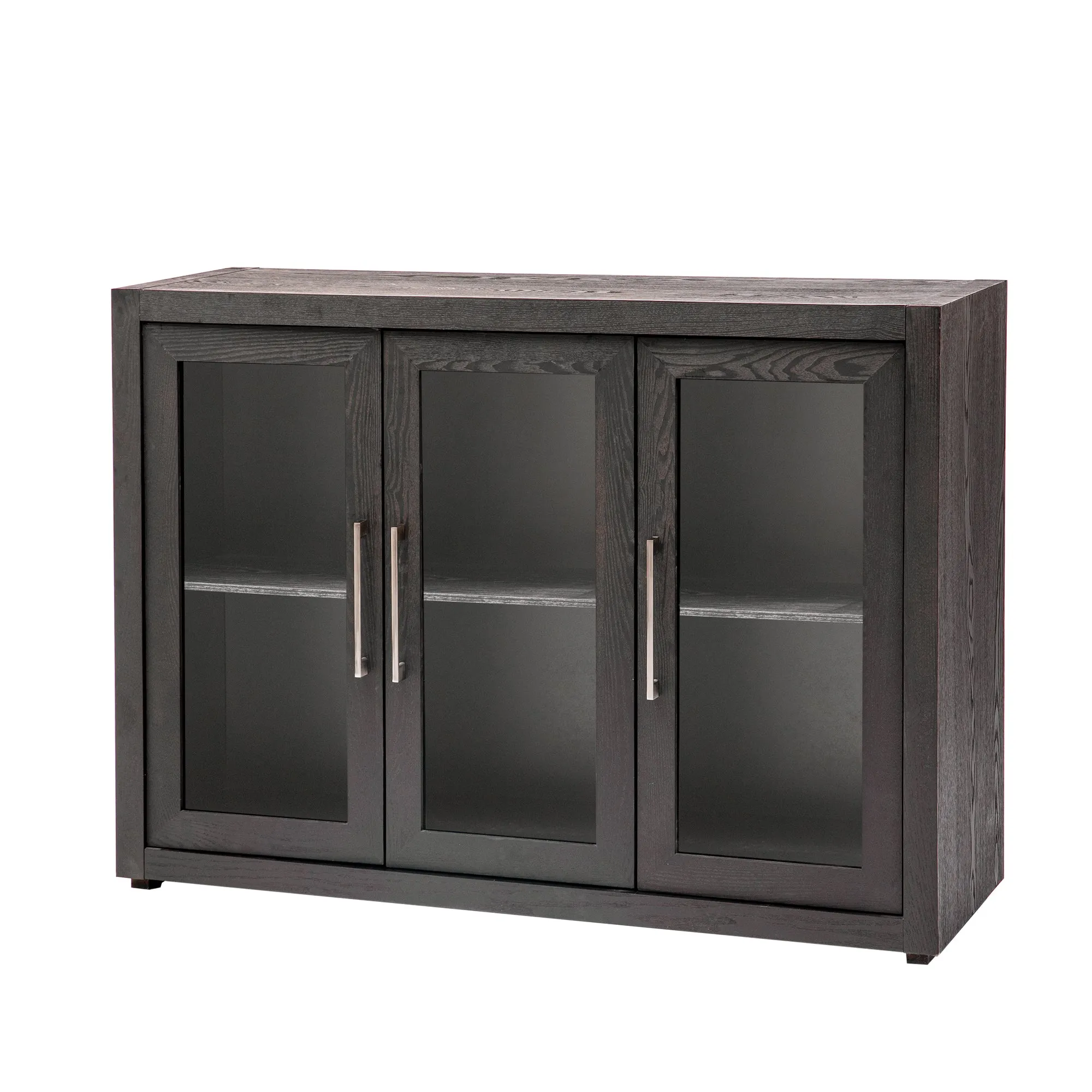 U-Style Wood Storage Cabinet with Three Tempered Glass Doors and Adjustable Shelf,Suitable for Living Room,Study and Entrance